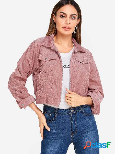 Pink Lapel Collar Long Sleeves Zip Fastening Jacket With