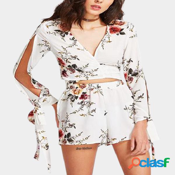 White Floral Print Low V-neck Top & Shorts Co-ord