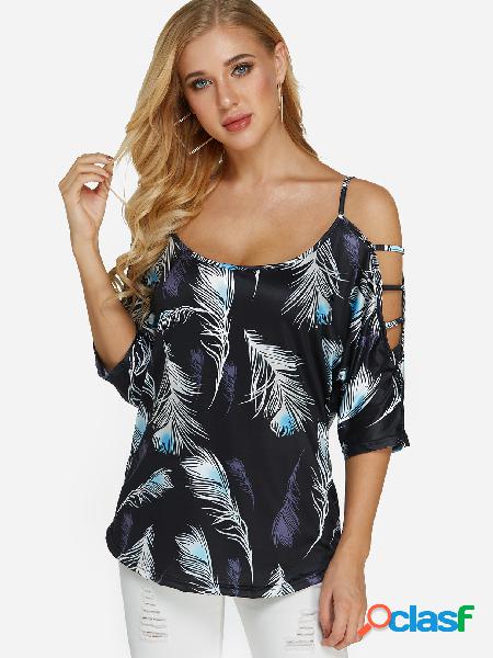 Black Cut Out Floral Print Cold Shoulder 3/4 Length Sleeves