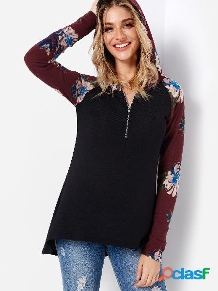 Black Random Floral Print Zip Front Long Sleeves Hoodie