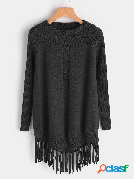 Black Tassel Details Round Neck Long Sleeves Sweater