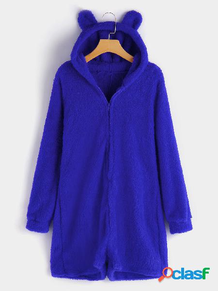 Blue Hooded Design Long Sleeves Plush Playsuit