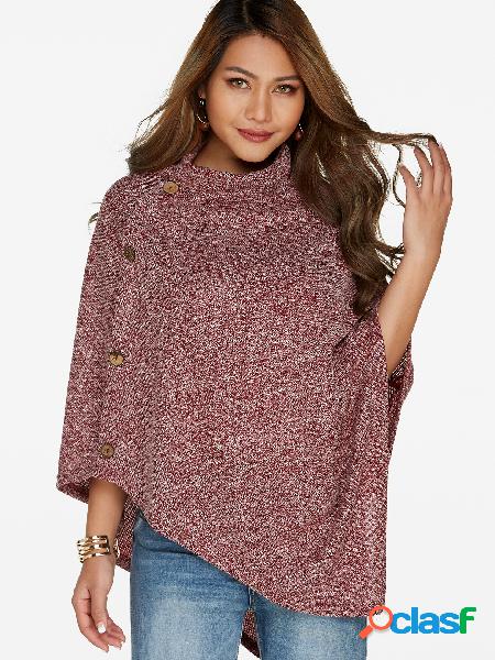 Burgundy Button Design Roll Neck Irregular Hem Cape