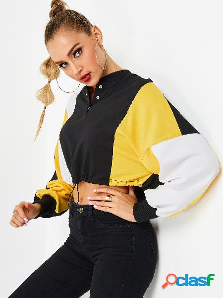 Color Block Single Breasted Design Pullover Long Sleeves