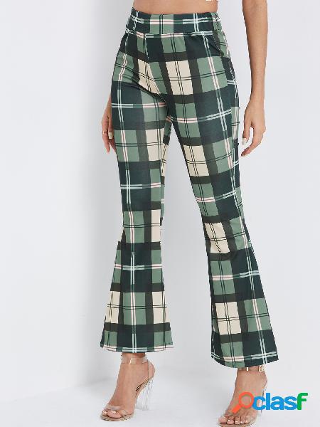 Green Plaid Wide Leg Mid Waist Pants