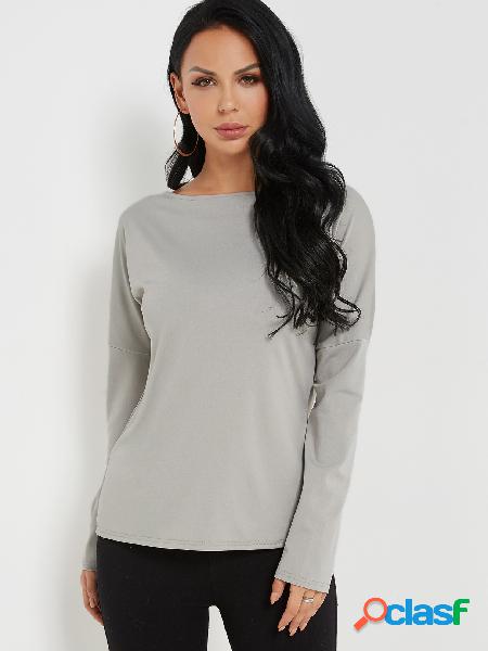 Grey Crew Neck Long Sleeves Criss Cross Back T-shirt