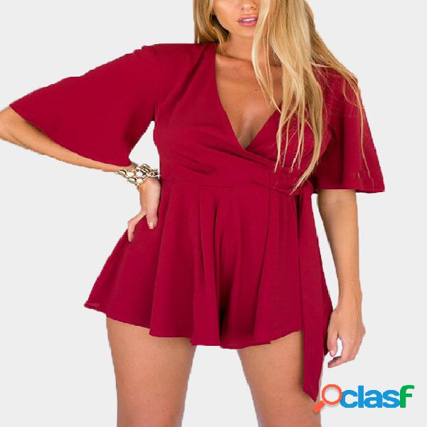 Plunge V-neck Wrap Front Playsuit with Belt