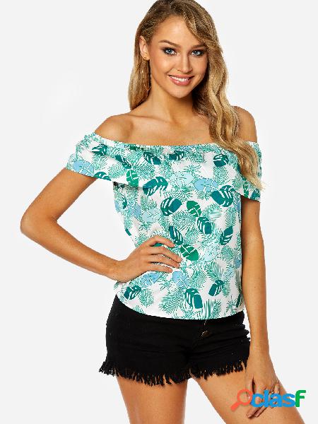 Green Tiered Design Random Leaf Print Off The Shoulder Top