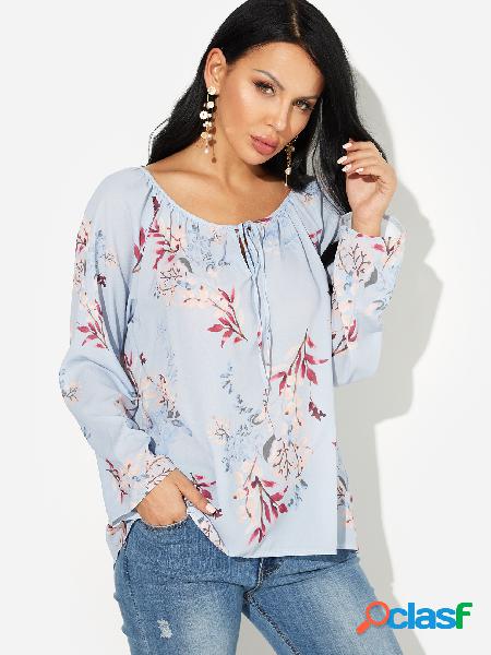 Light Blue Ranfom Floral Print V-neck Long Sleeves Blouse