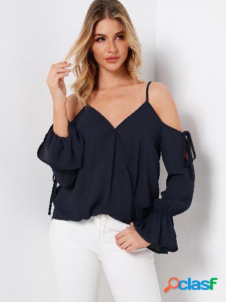 Navy Cold Shoulder V-neck Cross Front Long Sleeves Blouse