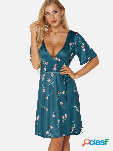 Self-tie Design Random Floral Print V-neck Short Sleeves