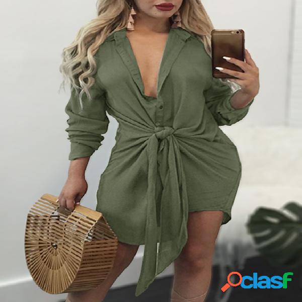 Army Green Self-tie & Button Design Deep V-neck Shirt Dress