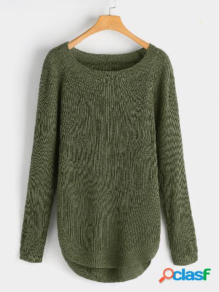 Green Slit Design Plain Curve Hem Crew Neck Long Sleeves