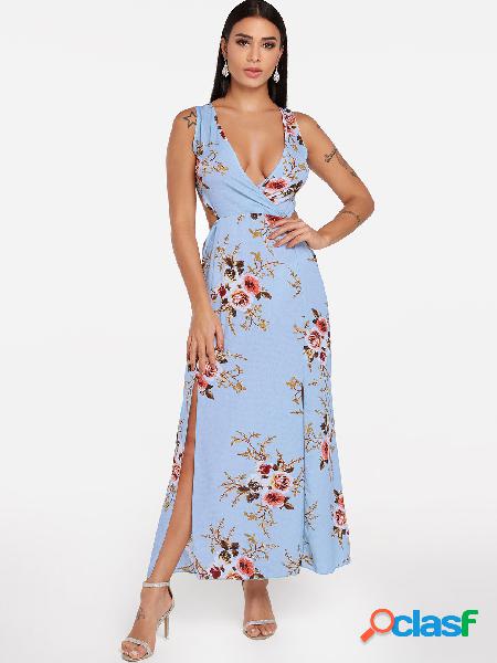 Blue Backless Design Random Floral Print Self-tie Maxi Dress
