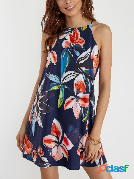 Navy Random Floral Print Sleeveless Curved Hem Dress