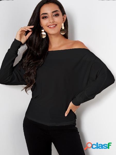 Black Plain Off The Shoulder Bat Long Sleeves Top