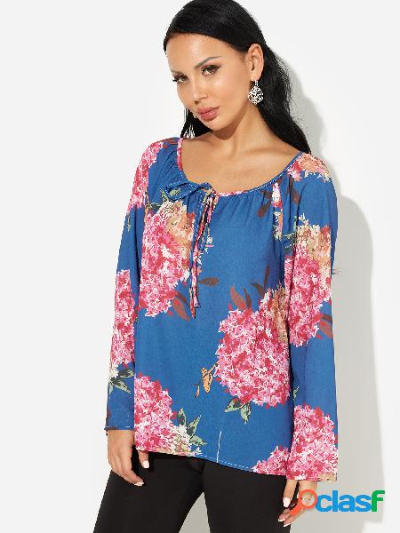 Blue Ranfom Floral Print V-neck Long Sleeves Blouse