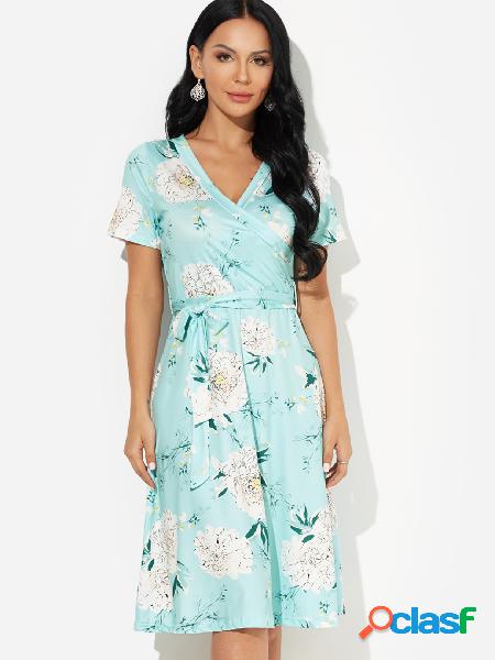 Blue Self-tie Design Random Floral Print V-neck Dress