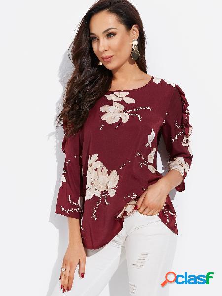 Burgundy Random Floral Print Round Neck Flared Sleeves