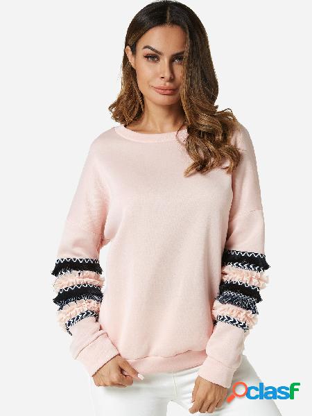 Pink Crew Neck Long Floral Prin Flounced Details Sleeves