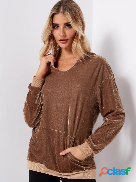 Brown Side pockets Long Sleeves Velvet Hoodie