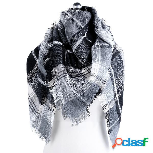 Grey Casual Women Plaid Shawl Tassel Design Scarf