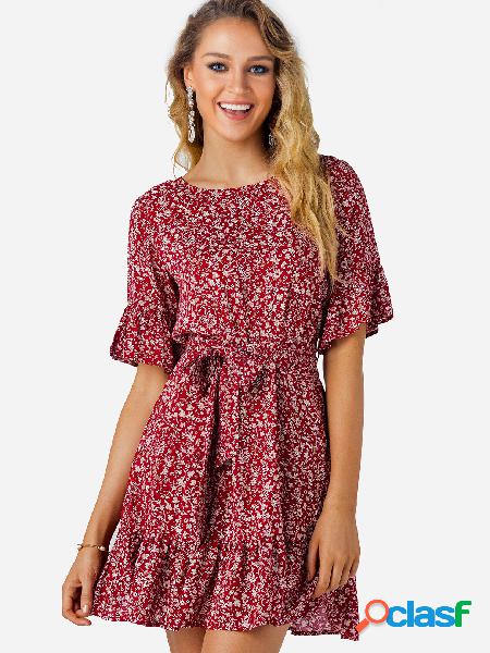 Red Sweet Scoop Neck Frill Design Random Floral Print Mini