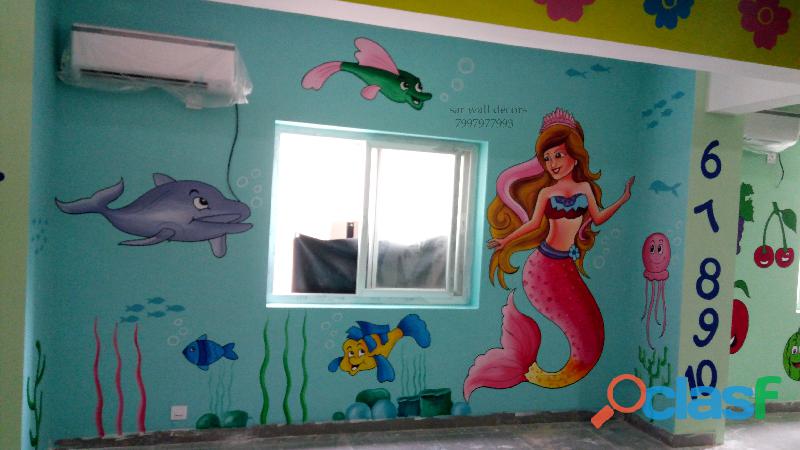 3D cartoon play school wall design | Primary school wall