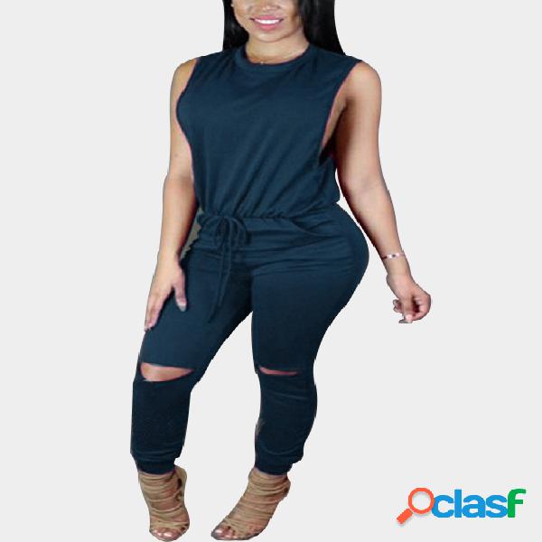 Casual Knit Sleeveless Jumpsuit in Navy Blue