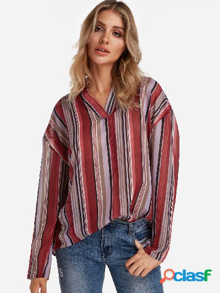 Red Stripe V-neck Long Sleeves Curve Hem Loose Fit Shirt