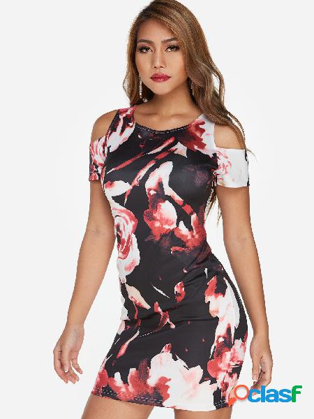 Black Random Floral Print Cold Shoulder Mini Dress