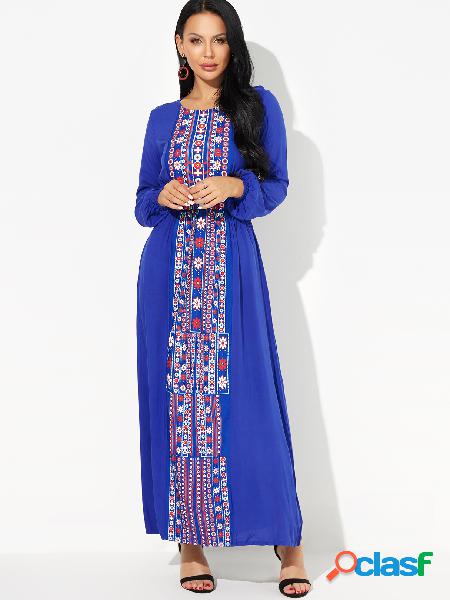 Blue Floral Cinched Wasit Maxi Dress in Black