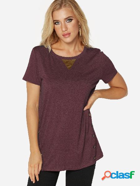 Burgundy Button Design Round Neck Short Sleeves Summer Tee