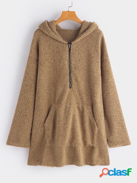 Camel Zip Kangaroo Pocket Design Long Sleeves Hoodie