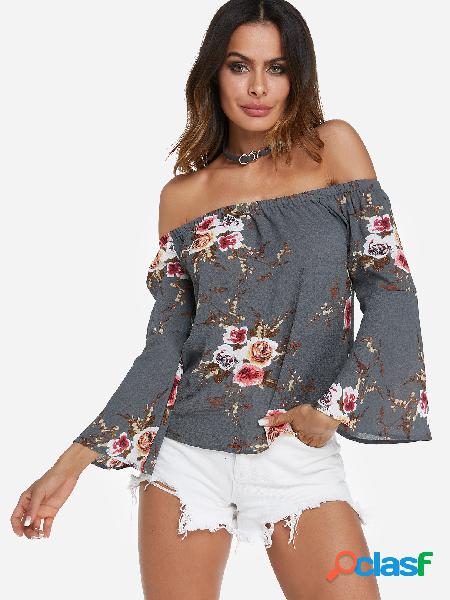 Grey Random Floral Print Off The Shoulder Bell Sleeves