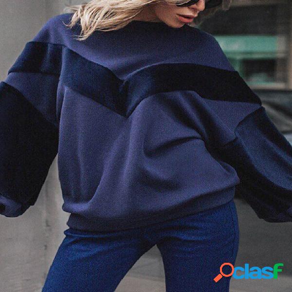 Navy Color Block Pullover Lantern Sleeves Sweatshirt