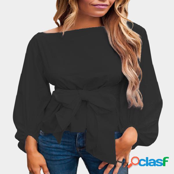 Black Bowknot Design Round Neck Long Sleeves Blouses