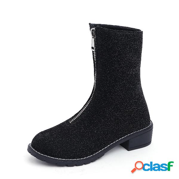 Black Glitter Zip Front Short Boots