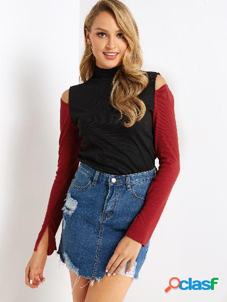 Color Block Color Block Cut Out High Neck Long Sleeves