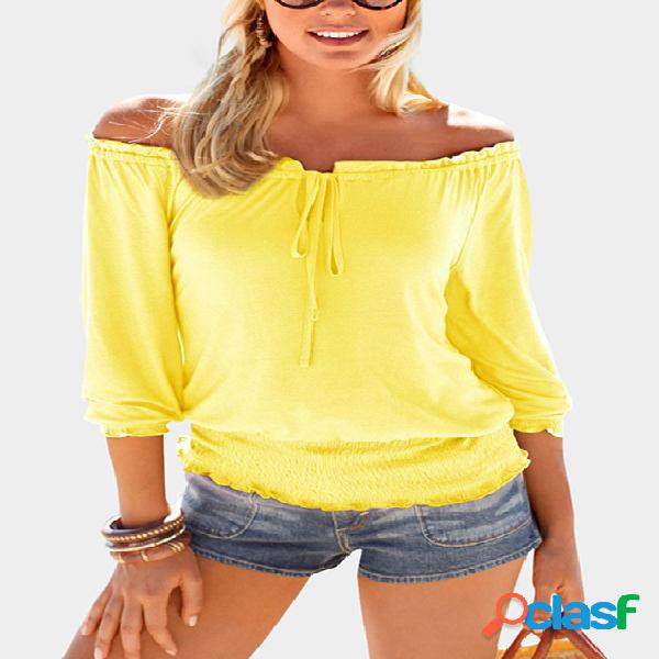 Yellow Elastic Strap Plain Off The Shoulder 3/4 Length