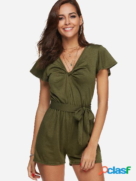 Green Crossed Front Design V-neck Short Sleeves Drawstring