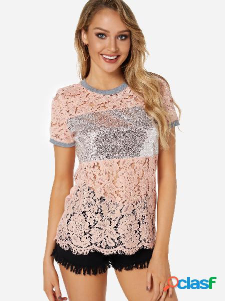 Pink Sequins Embellished Crew Neck Hollow T-shirt