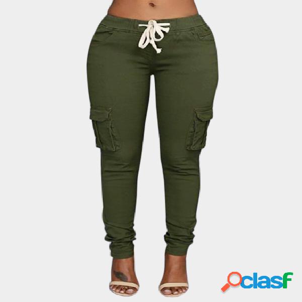 Army Green Side Pockets Plain Drawstring Waist Skinny Cargo