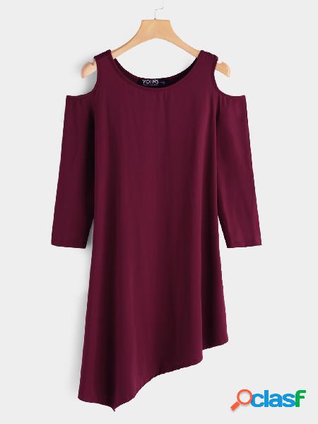 Burgundy Cold Shoulder 3/4 Length Sleeves T-shirt
