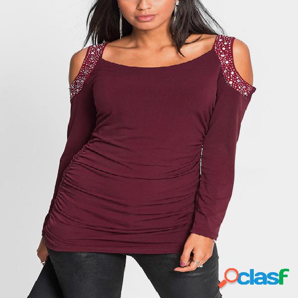 Burgundy Diamond Details Cold Shoulder Long Sleeves Top