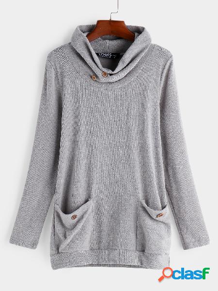 Grey Button Design Drape Sagging Side Pockets Long Sleeves