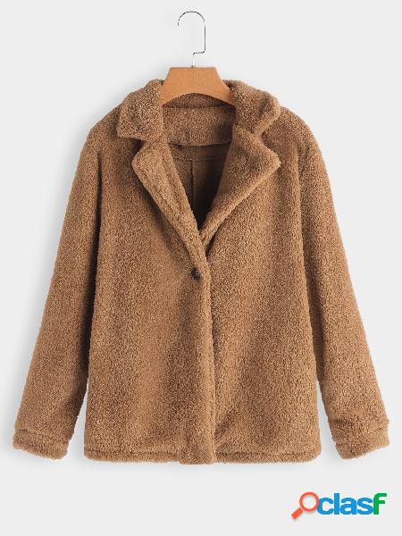 Khaki Lapel Collar Long Sleeves Faux Fur Coat