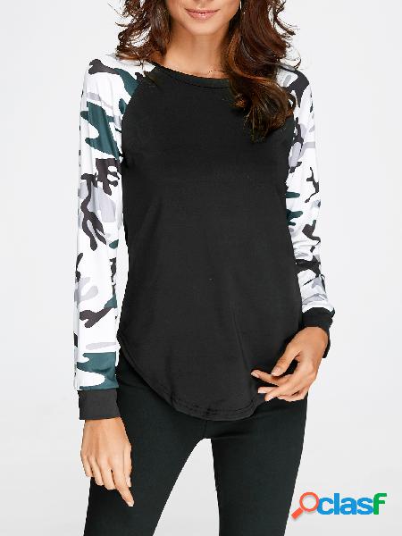 Black Camouflage Round Neck Long Sleeves T-shirt