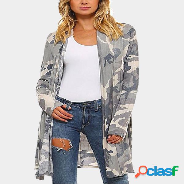 Camo Long Sleeves Irreular Hem Longline Cardigan