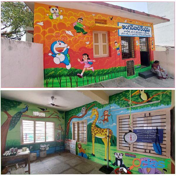 Anganwadi School Out Side Cartoon Wall Painting From
